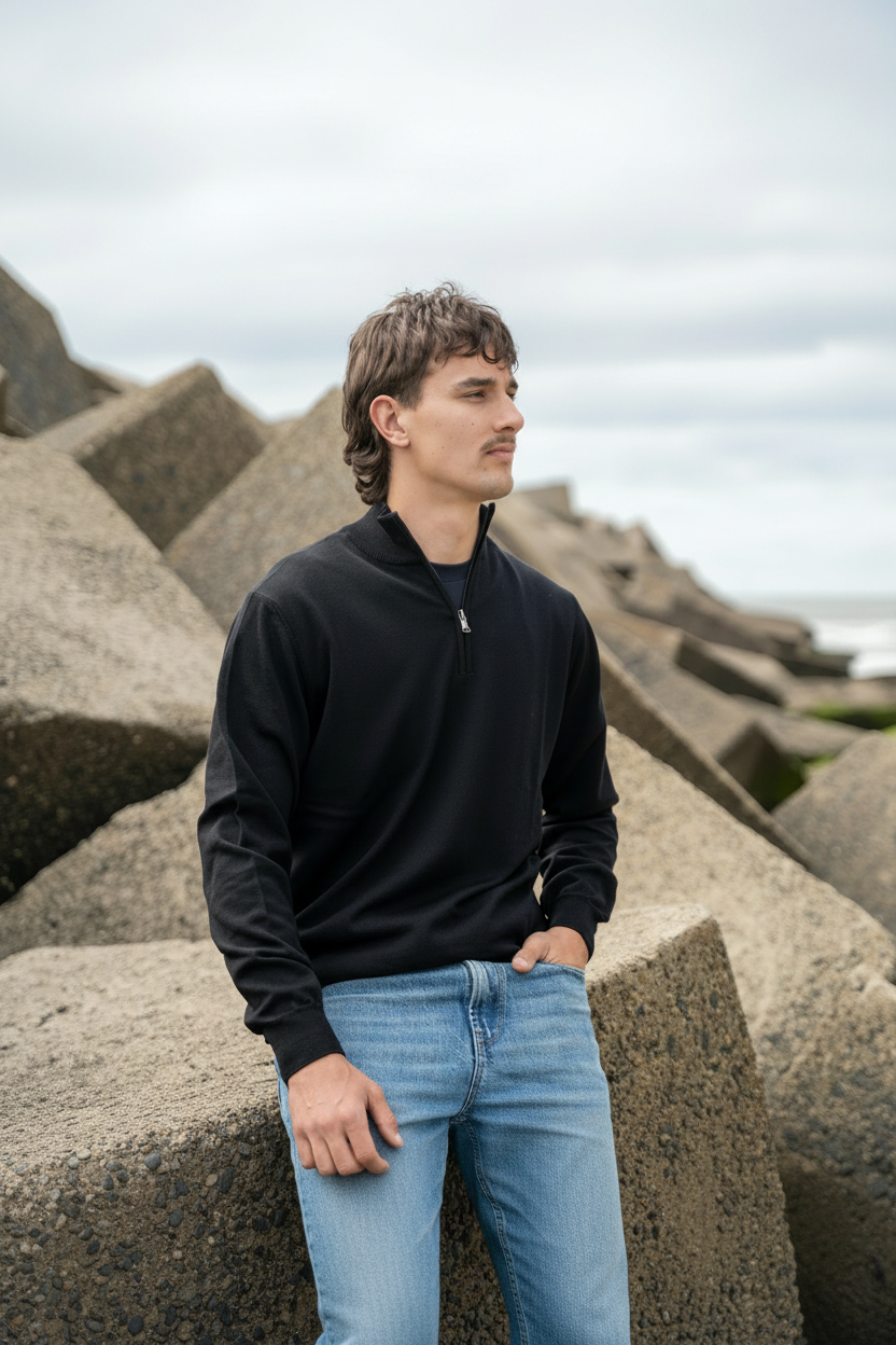 Merino Quarter Zip Black - Portret