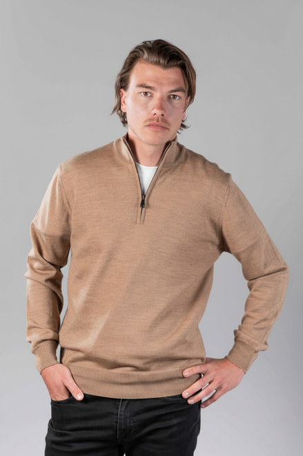 Merino Quarter Zip Camel - vooraanzicht v2